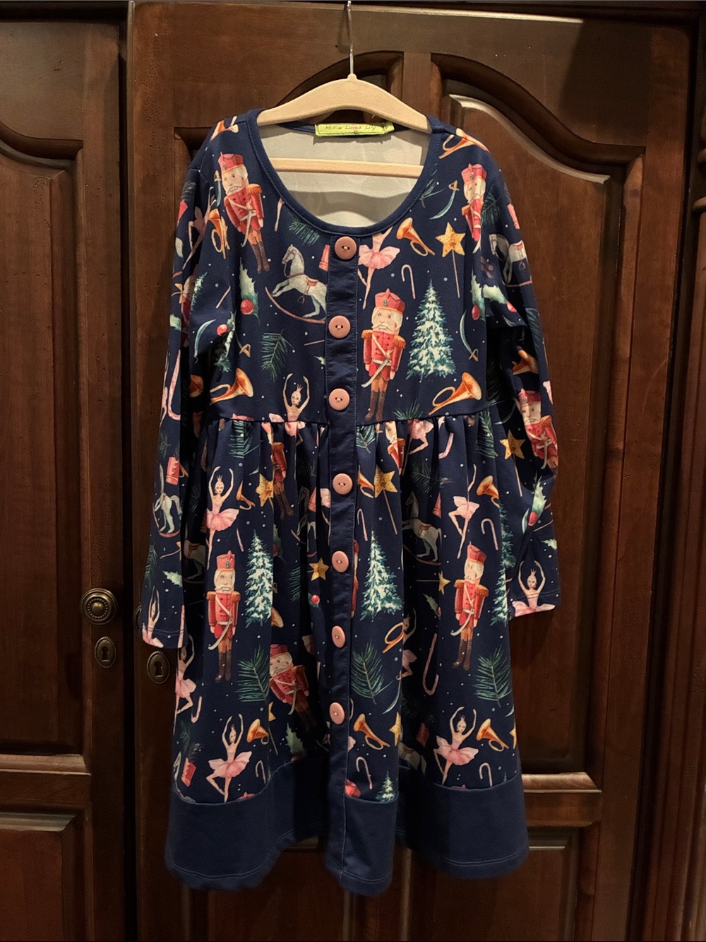 Navy Nutcracker Print Long-Sleeve Girls Dress - Festive Button Front